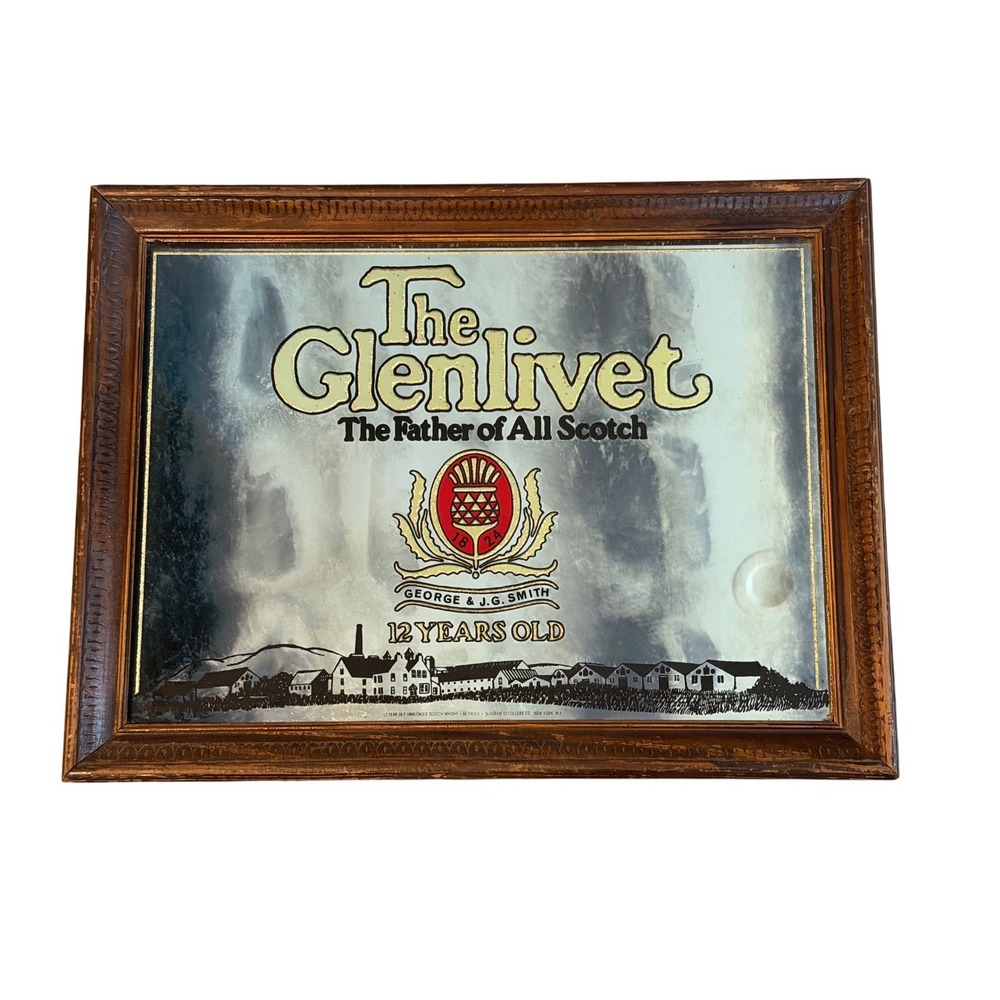 Vintage The Glenlivet Scotch Whisky Bar Mirror Ornate Wood Frame 12 Year Sign